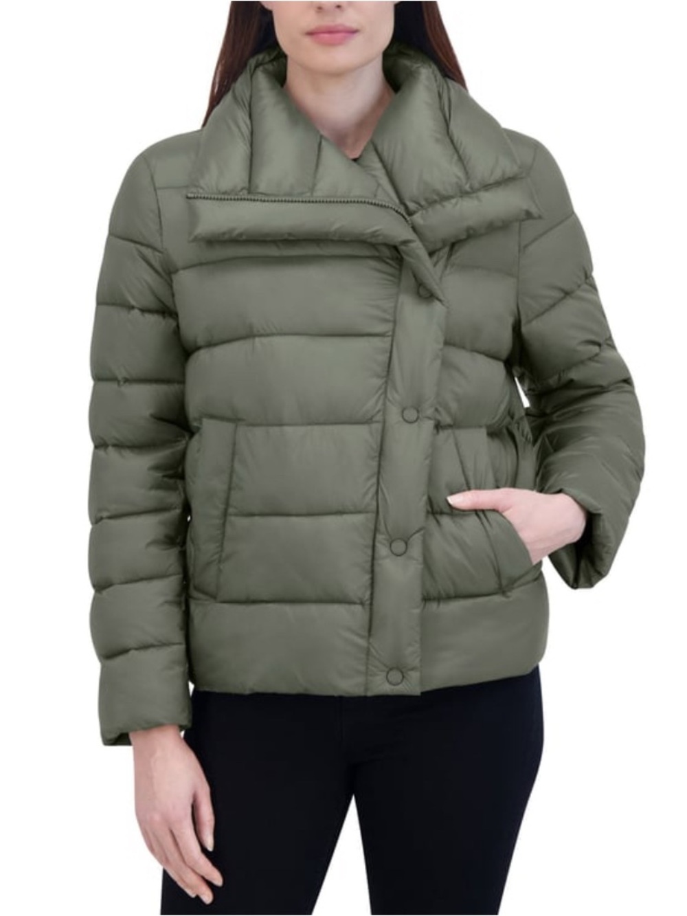 NWT Tahari Women's Asymmetrical Puffer Green Jacket Size Large